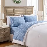 Hallmark - Holiday Sheets, 4-Piece Soft Brushed Cotton Sheet Set with Matching Pillowcase (Snowflakes Blue, Queen)