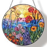 RVEAFA Wildflowers Sun Catcher 7.87'' Stained Glass Window Hanging Plant Lover Gifts for Women Wildflowers Wall Decor Handmade Sun Catcher Decoration for Window Garden Home Christmas & Birthday Gifts