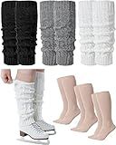 Chuarry 6 Pairs Skating Leg Warmer Sets for Women Girls Knit Long Leg Warmers Socks Calf Socks Set for Ice Figure Skating(Black White Gray Nude,Spiral Style)