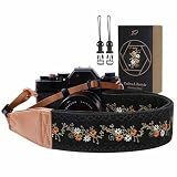 Padwa Lifestyle Camera Strap - 2" Full Grain Leather Ends Camera Straps for Photographers, Vintage Embroidered Cotton Weave Soft Suede Fabric Padded Strap Quick Release fits All Cameras