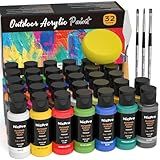 Nicpro 32 Colors Outdoor Acrylic Paint Bulk with Brush and Sponge, Knife, Non-Toxic Paint for Multi-surface Rock, Wood, Fabric, Leather, Crafts, Canvas, Shoes and Wall Painting