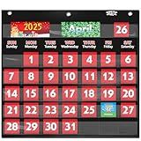 SpriteGru Black Calendar Pocket Chart with 76 Cards,(68 Illustrated Activity Cards, 8 Dry Erasable Flash Cards and 3 Hooks) 20” X 19”