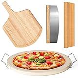 5 PCS Round Pizza Stone Set, 13" Pizza Stone for Oven and Grill with Pizza Peel(OAK),Serving Rack, Pizza Cutter & 10pcs Cooking Paper for Free, Baking Stone for Pizza, Bread