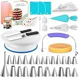 RFAQK 64PCs Cake Decorating Kit with Leveler, Baking Supplies Gift Includes Cake Stand Turntable, 24 Numbered Icing Tips, 30+1 Piping Bags, 2 Frosting Spatulas, 3 Scrappers, Video Course & Booklet