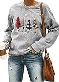 ASTANFY Merry Christmas Sweatshirt for Women Drop Shoulder Long Sleeve Christmas Tree Pullover Lightweight Shirt (Green-Bleach, Large)