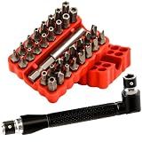 34pcs Security Bit Set 1/4 Inch Hex Shank Screwdriver Bit Set,Tamper Proof Bits-Torx+Hex+Tri Wing+Star+Spanner for Torx Security Screwdriver Set,High Hardness Impact Driver Bit Set(Red+Wrench)