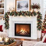 9FT Christmas Garland with Lights, Pre-Lit Lighted Christmas Decorations for Mantle Fireplace Table Stairs,Winter Indoor Outdoor Xmas Home Decor,Realistic Cedar Pine Garlands with Pinecone Berries