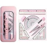 8 Pcs Pink Geometry Set Cute Compass Set with Maths Protractor Rulers, Math Set for Drawing Measuring Tools, Kawaii Ruler Kit for Class Women Girls School Supplies (Pink)