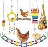 Longer Chain Chicken Toys for Coop Accessories 7PCS, Chicken Swing Ladder Perch roosts, Chicken Xylophone Mirror with Bells Vegetable Fruits Hanging Chicken Feeder for hens Bird Parrot