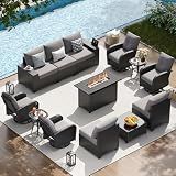 LazySunsets 13 PCS Patio Furniture Set with 44'' Fire Pit Table, Outdoor Sectional All-Weather Wicker Conversation Set with Swivel Rocker Chairs, 4'' Thick Cushions for Backyard Poolside(Crey/Black)