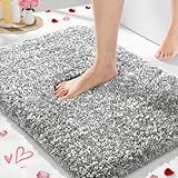 Yimobra Bathroom Rugs Non Slip Washable, Ultra Soft and Water Absorbent Bath Mats, Plush Fluffy Shower Mat Outside, Microfiber Thick Matts for Bathroom Floor/Sink, 24x17, Light Gray and White