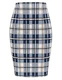 Kate Kasin Womens Pencil Skirt Knee Length Elastic Waist Stretchy Bodycon Business Plaid Skirt-Plaid Blue L