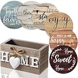 Queekay Housewarming Gifts for Home Decoration Wooden Heart Coasters for Drinks 6 Set Farmhouse Coasters with Holder Funny for Family Coffee Table Protection, 4''(Farmhouse Color)