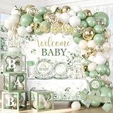 Fexivo Sage Green Baby Shower Decorations Set,Serves 25 Guests | All-in-one gender neutral party supplies kit,balloon arch,backdrop,tableware set,sash,easy to use,for boy baby shower