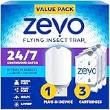 Zevo Flying Insect Trap & 3 Refill Cartridges - Plug in Fly Trap & Indoor Bug Catcher for Gnats, House & Fruit Flies - Blue & UV Light Technology, Mess-Free Alternative to Bug Zapper