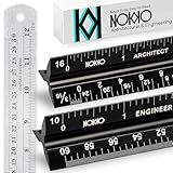 NOKKO Architectural Scale Ruler Set with Engineer Scale and Metal Ruler, 12 Inch Aluminum Drafting Rulers for Blueprints, Engineering Drawings and Floor Plans