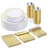 BESTVIP 150PCS Plastic Dinnerware Set (25 Guests), Gold Disposable Plates for Party, Wedding, Christmas, Anniversary, Includes: Dinner Plates, Dessert Plates, Cups, Spoons, Forks and Knives