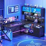 SEDETA L Shaped Gaming Desk, Home Office Computer Desk with 2 Drawer and Bookshelf, L Shaped Gaming Desk with LED Light, Glass Cabinet and Storage Bag, Corner Desk with Storage Shelves, Black