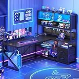 SEDETA L Shaped Gaming Desk, Home Office Computer Desk with 2 Drawer and Bookshelf, L Shaped Gaming Desk with LED Light, Glass Cabinet and Storage Bag, Corner Desk with Storage Shelves, Black