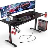 SEVEN WARRIOR Gaming Desk 60 INCH, T- Shaped Carbon Fiber Surface Computer Desk with Full Mouse Pad, Ergonomic E-Sport Style Gamer Desk with Double Headphone Hook, USB Gaming Rack, Cup Holder