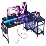 DUMOS Gaming Desk, Computer Desk with USB Charging Ports, Power Outlets, Type-C and LED Lights, Reversible L Shaped Desk with Storage Shelves & Monitor Stand for Office Gaming Room Black 48IN