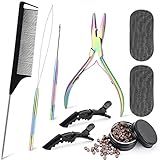 NEWISHTOOL Hair Extension Tool Kit, Micro Links Beading Pliers, Loop Pulling Hook Threader Bead Device Tool and 300 PCS Silicone Beads Hair Styling Accessories, Micro Rings Feather Extension Tools