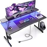 GTRACING 55 Inch Gaming Desk, Computer Gamer Desk with Monitor Stand, Ergonomic Carbon Fiber Surface Gaming Table with Power Outlet and Mouse Pad for Home Office, Black