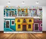 BELECO 7x5ft Fabric Old Streets Backdrop Traditional Colorful Houses Building Paper Flags Mexican Fiesta Background Theme Party Decorations Photo Booth Studio Props