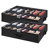 Lifewit Under Bed Shoe Storage Organizer Set of 2, 4.3 Inches Tall Low Profile Fabric Shoes Container Box with Clear Cover, Foldable Storage Bag with 2 Handles, Total Fits 24 Pairs of Shoes, Black