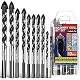 DCWecher 10-PCS Masonry Concrete Drill Bit Set, Heavy-Duty Masonry Drill Bits for Concrete, Brick, Tile, Cement, Carbide Tip (1/8" to 1/2")