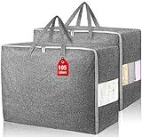 2Pack 105L Extra Large Storage Bags, Folding Moving Comforter Blanket Storage Bags Closet Organizers and Storage Containers for Clothes with Strong Handles&Zippers Clear Window for Bedding Pillow Grey