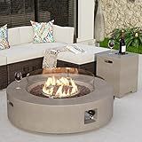 COSIEST 2-Piece Outdoor Propane Firepit Table Set w Tank Table, 42" Fire Table Certified, 50,000 BTU w Gray Round Base,Wind Guard and 16 inches Tank Side Table 20lb for Garden,Pool
