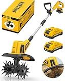 Alloyman 20V Cordless Tiller Cultivator, 360RPM Electric Garden Tiller, with 2 * 2.0Ah Batteries & Charger, 9In Tilling Width and 6.6In Depth Garden Rototiller for Lawn/Gardening/Soil Cultivation