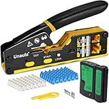 RJ45 Crimp Tool Kit, Ethernet Pass Through Crimper, Network Tool Kit, Cat5 Cat5e Cat6 Crimping Tool Repair Kit Includes Cable Tester, Mini Stripper, Blades, 50Pcs Connectors and Strain Relief Boots
