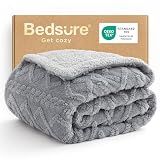 Bedsure Gentlesoft Sherpa Fleece Throw Blanket for Couch - Fluffy & Cozy Cable Jacquard Tufted Throw Gifts for Women and Decor, Thick and Warm Blankets for Winter, Grey, 50x60 Inches