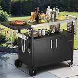 Vongrasig Grill Cart with Storage, Outdoor Bar Cart Rolling BBQ Cart Movable Pizza Oven Table Stand with Foldable Stainless Steel Top & Storage Cabinet, Black