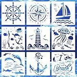 9 PCS Compass Anchor Stencils Plastic Nautical Theme Painting Templates, Sailboat Beacon Stencils for DIY Crafts Scrapbooking Wood Floor Wall Decor 7.9 x 7.9 Inch