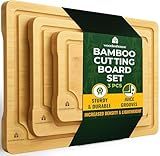 Set of 3 Bamboo Cutting Boards for Kitchen - Thick & Durable Wood Cutting Boards Set with Deep Juice Grooves & Build-in Handles, Large Surface, Easy to Clean – for Meat, Vegetables and Fruits