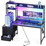 Casaottima 48 Inch Gaming Desk with Hutch & 3 Fabric Drawers, Computer Desk with USB Ports & LED Lights, Reversible Pc Gamer Table with Monitor Stand for Home Office, Carbon Fiber Black