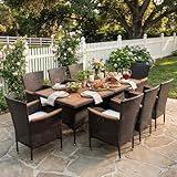 Wisteria Lane 10-Pieces Outdoor Patio Table and Chairs, Rattan Patio Table Set with Acacia Wood Tabletop, Patio Dining Furniture Set for 8 with Removable Cushions for Deck Garden Backyard, Brown