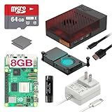 Argon Poly+5 Raspberry Pi 5 Starter Kit | Raspberry Pi 5 Kit/Pi 5 Board/Pi 5 Case / 27W Pi 5 Power Supply/Pi 5 Active Cooler / 64GB SD Card / 2 Micro HDMI Cable (BRED, 8GB)