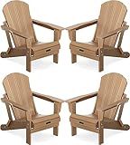 SERWALL Folding Adirondack Chair Set of 4 Outdoor Chairs Painted Adirondack Chair Weather Resistant for Patio Deck Garden, Backyard Deck, Fire Pit- Brown
