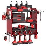 Power Tool Organizer Wall Mount with Charging Station, Garage 4 Drill Storage Shelf with Cordless Tool Holder, Heavy Duty Rack with 8 Outlet Power Strips and Hooks, Gift for Men, Husband (4 Layer)