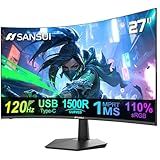 SANSUI Curved Monitor 27 inch 120Hz USB Type-C Computer Monitor with Speakers Built in丨FHD 1080p丨HDR丨110% sRGB丨1500R丨VESA Compatible,for Tablet,Desktop,Laptop and PC Work Gaming