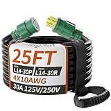 PlugSaf 25FT 30 Amp Generator Extension Cord 4 Prong, NEMA L14-30P/L14-30R 10 Gauge STW 125/250V Twist Lock Generator Cord Heavy Duty, Black ETL Listed