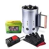 homenote Rapid Charcoal Chimney Starter Set Fireplace Accessories Lighter Cubes BBQ Heat Resistant Gloves Blower BBQ Tools（11.5" x 7" x 7"）