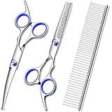 FAIGEO Professional Dog Grooming Scissors Kit, Titanium Coated Dog Scissors for Grooming, Grooming Shears Kit - Thinning, Curved Scissors and Comb for Dog Cat Pet (Blue 4 in 1)