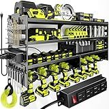 POKIPO Large Power Tool Organizer Wall Mount with Charging Station,4 Layer Heavy Duty Metal Tool Storage Rack Loads 600lbs with 8 Cordless Drill Holder,Battery Utility Rack Loads with 4 Power Strip
