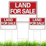 GlikCeil 3 Pcs 18 x 24 Inch Land for Sale Yard Sign with 3 Pcs 23.6 Inch Metal Ground Stake, Double Sided Printing, Corrugated Plastic, Red White Print, for Outdoor Home House Real Estate