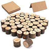 Tosnail 50 Pieces Wooden Place Card Holders with 50 Kraft Paper Cards, Rustic Wood Table Number Stands, Photo Holder for Wedding Party Decoration, Photo Display